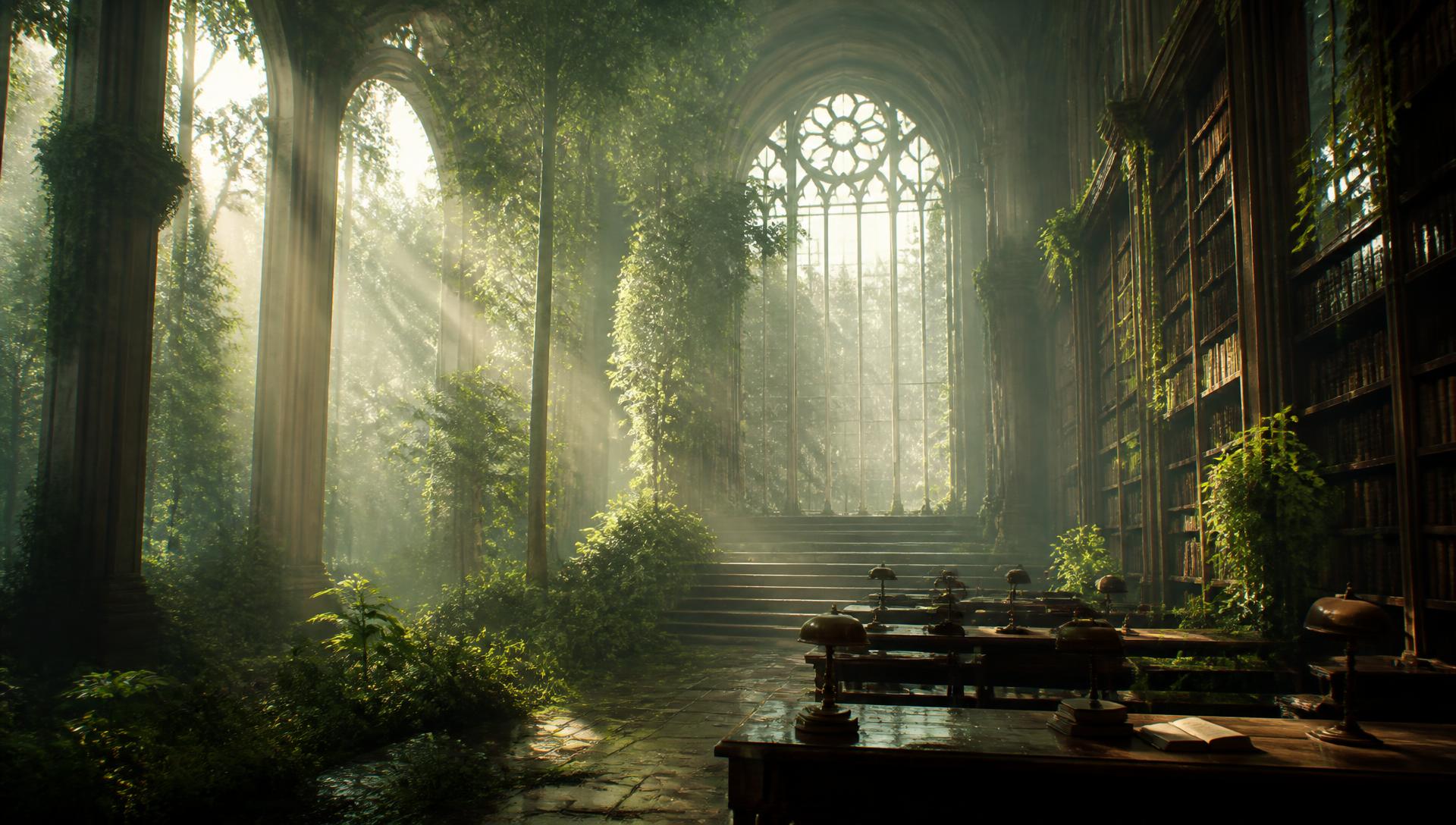 A great library hall dissolving into a sunlit forest